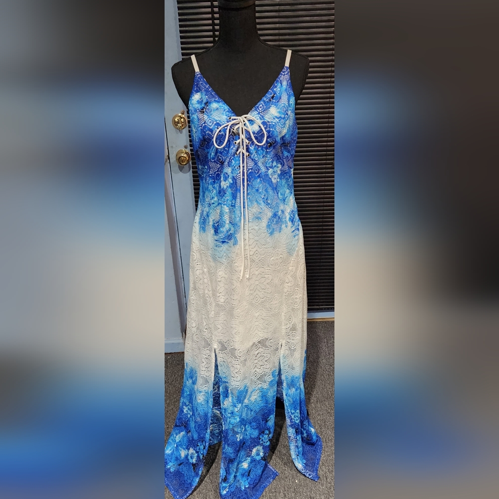 VENUS Blue Multicolor Print Lace Maxi Dress